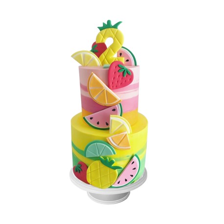 Summer & Fruits Cake, Pastel con frutas de fondant en la cubierta