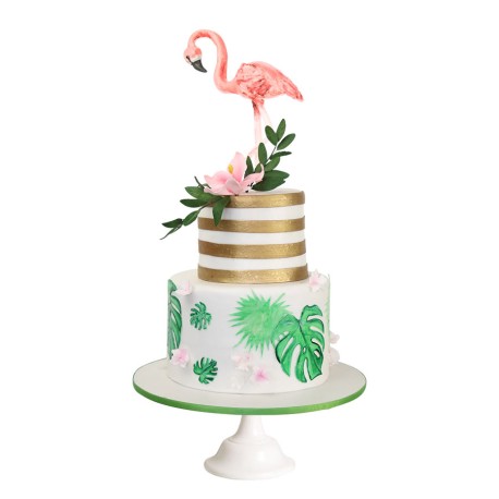 Flamingo Summer Leaves, Pastel con figura de flamingo de fondant